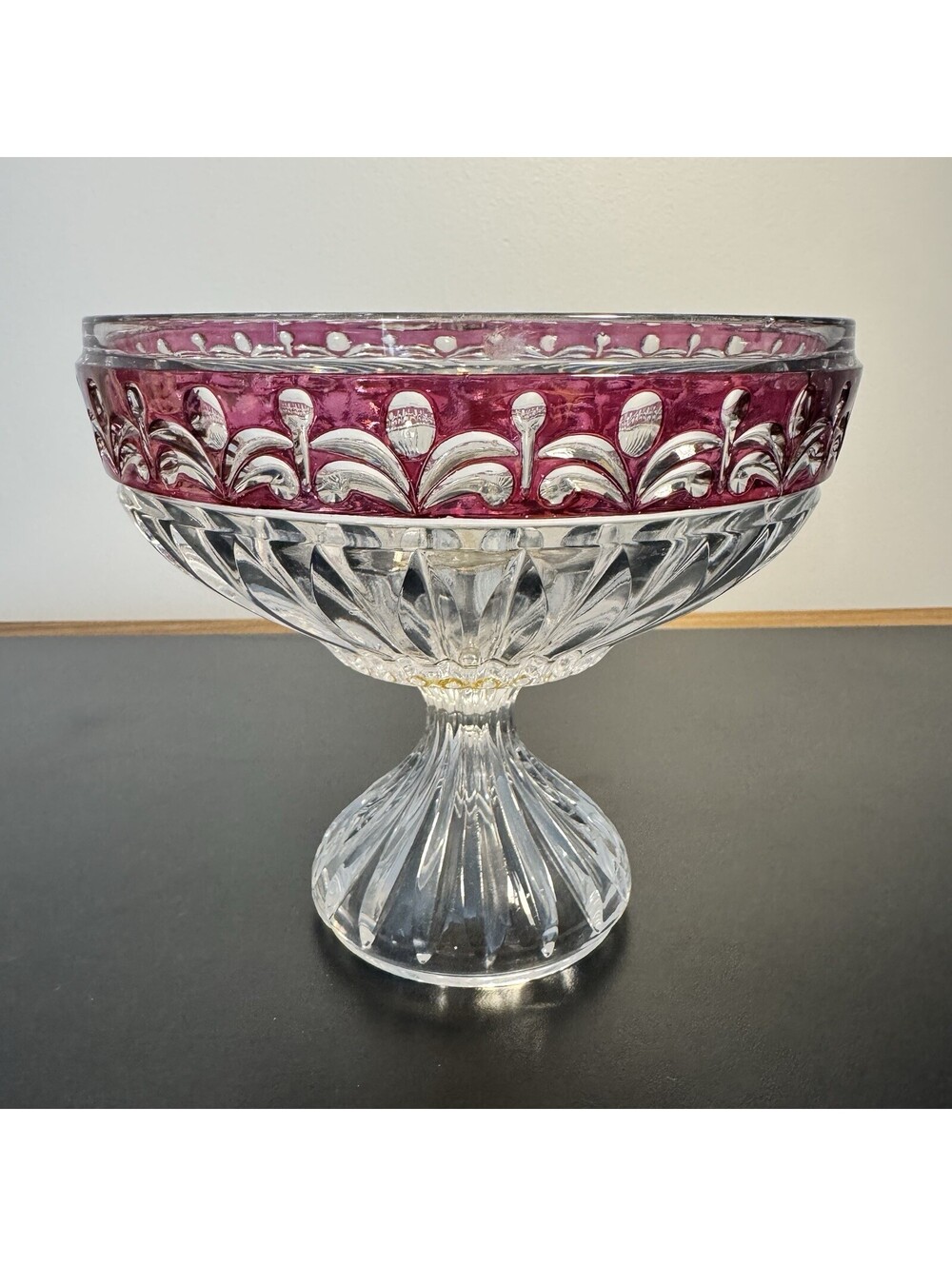 Anna Hutte Crystal Compote Dish Fluted Pedestal Base Ruby Floral Trim